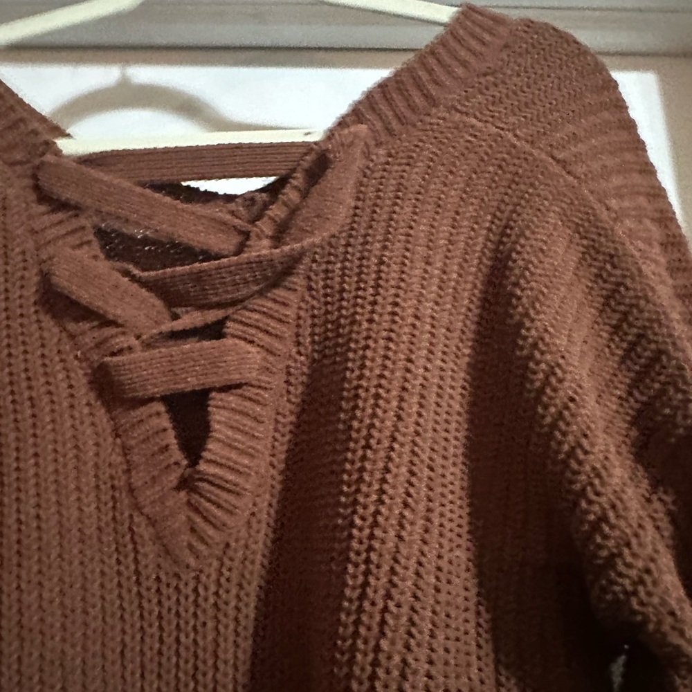 Planet Gold Brown V-Neck Sweater with Lace-Up